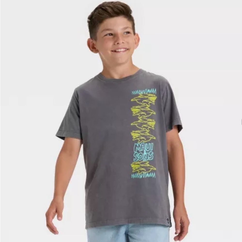 Maui and Sons Boys Gray Acid Wash Shark T-Shirt Large 100% Cotton Short Sleeve